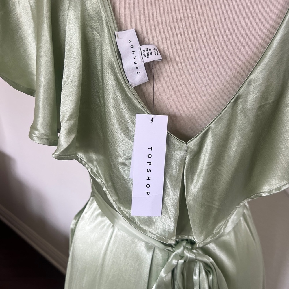 NWT Topshop satin frill wrap dress in sage Size 8 - Picture 3 of 7